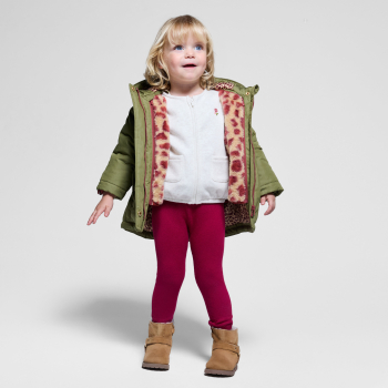 سترة ببطانة سترة قابلة للفصل، اللون أخضر كاكي، عليها صورة فهد، للطفلة الصغيرة